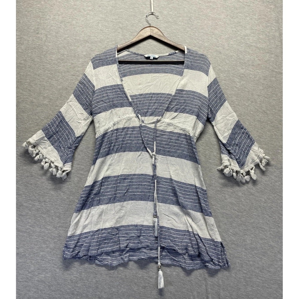 Blue Island Tunic Swim Cover Up Women Large White Blue Striped Tassel Boho Beach